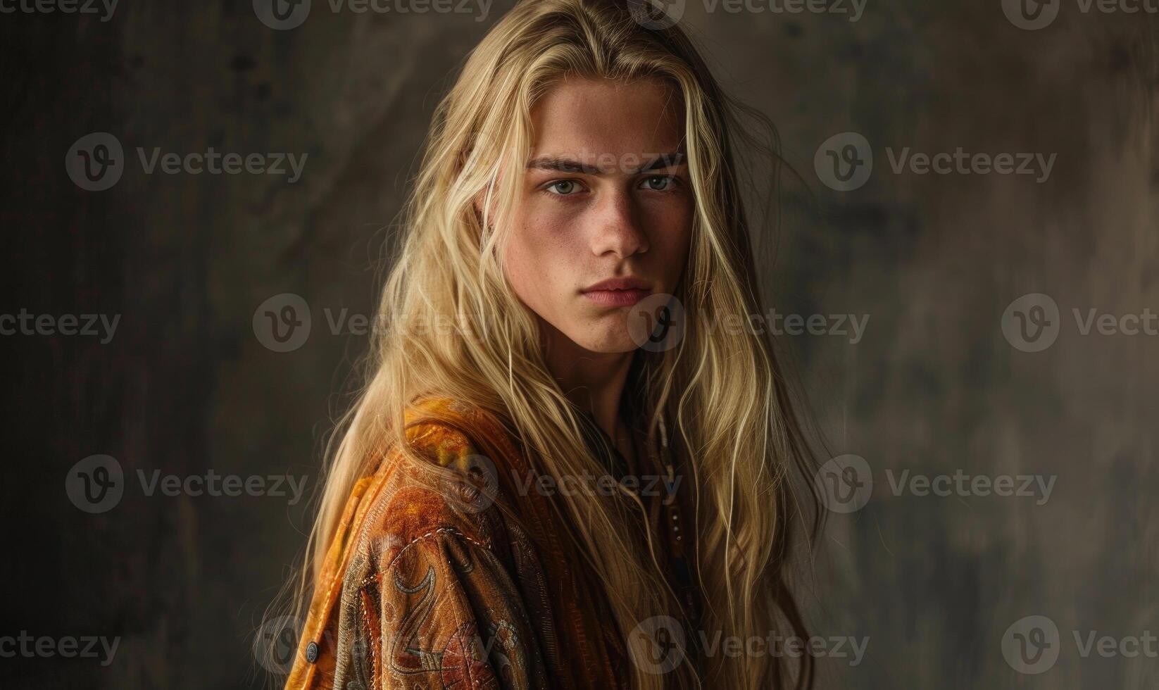 Ethereal portrait of a young man with long blonde hair adorned in ethnic elven clothes against a neutral background photo
