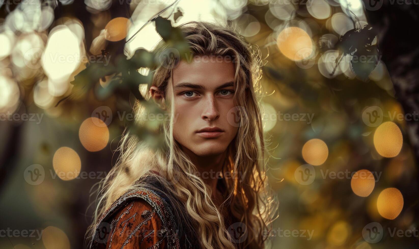 Ethereal portrait of a young man with long blonde hair adorned in ethnic elven clothes in the forest photo
