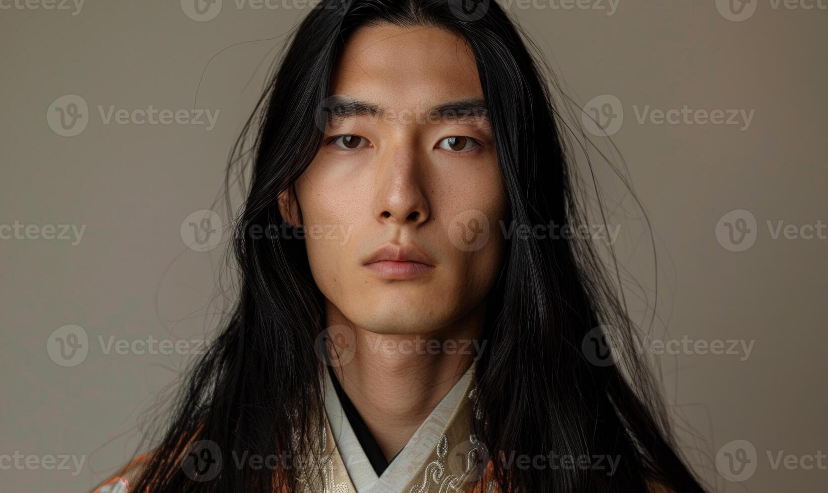 Portrait of young Asian man with dark long hair in traditional clothes looking at camera photo