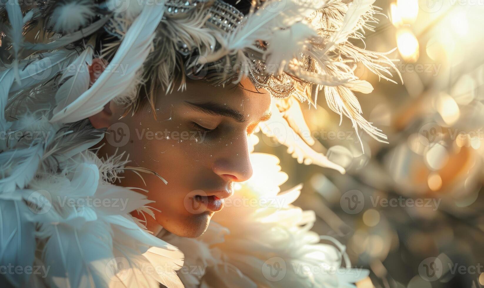 Portrayal of a young man draped in ethnic robes with soft white feathers on background, fantasy or mythology concept photo
