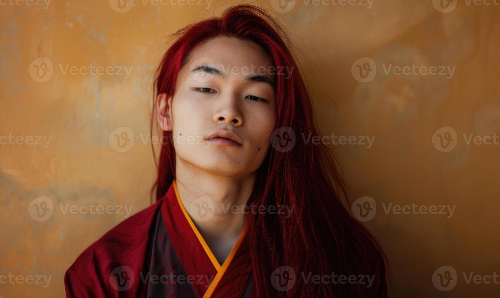 Portrait of young Asian man with deep red long hair in traditional clothes looking at camera photo