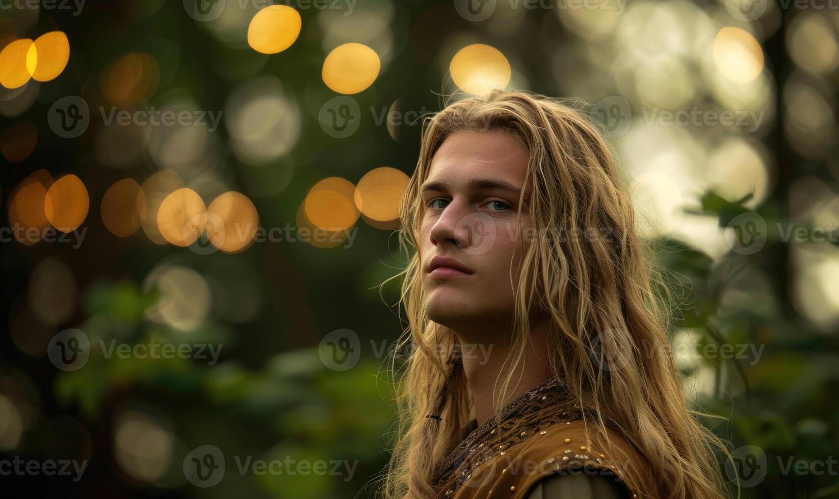Ethereal portrait of a young man with long blonde hair adorned in ethnic elven clothes in the forest photo