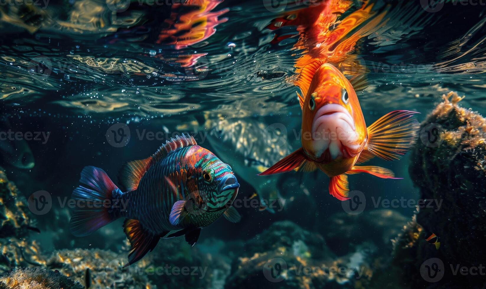 Cockerel fish and parrotfish in the water closeup view photo