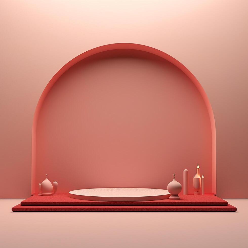 Intricate Islamic Podium with Traditional Islamic Object on a Striking Red Background, Symbolizing Muslim Faith and Religion photo