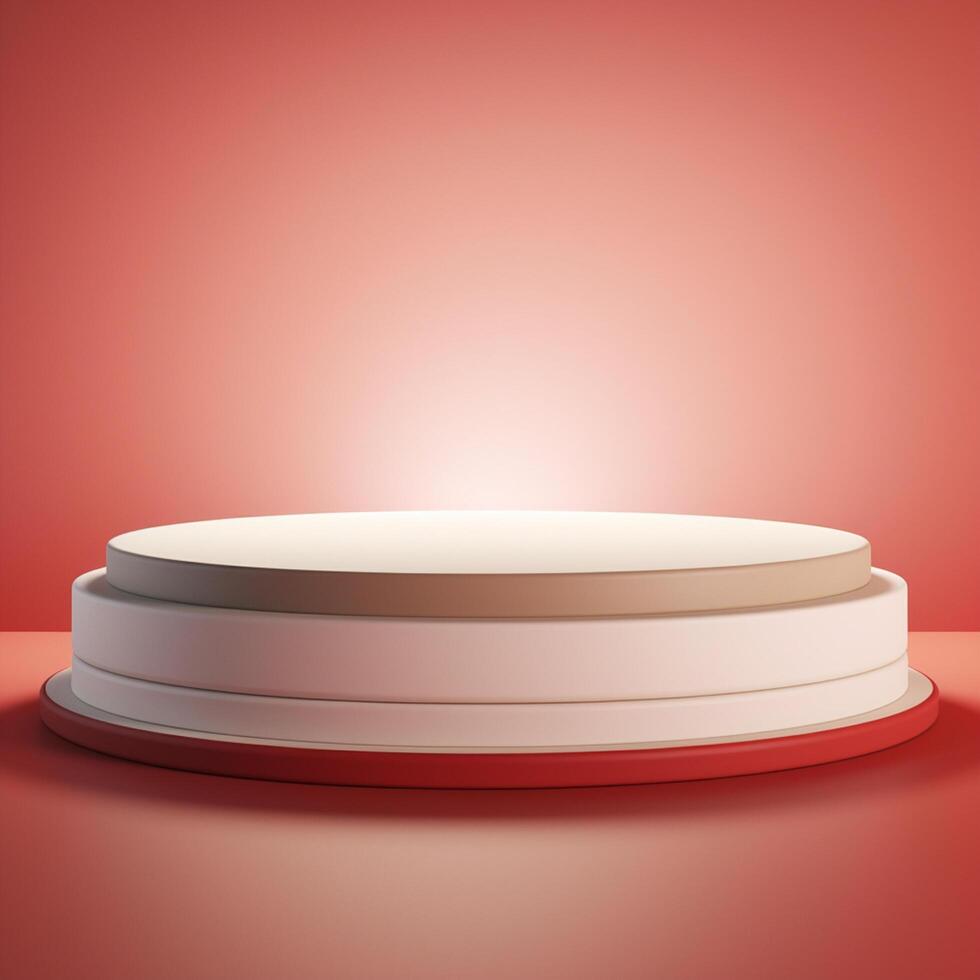 Dynamic 3D Rendering of a White Podium with Red Accent Lights on a Vibrant Red Background photo