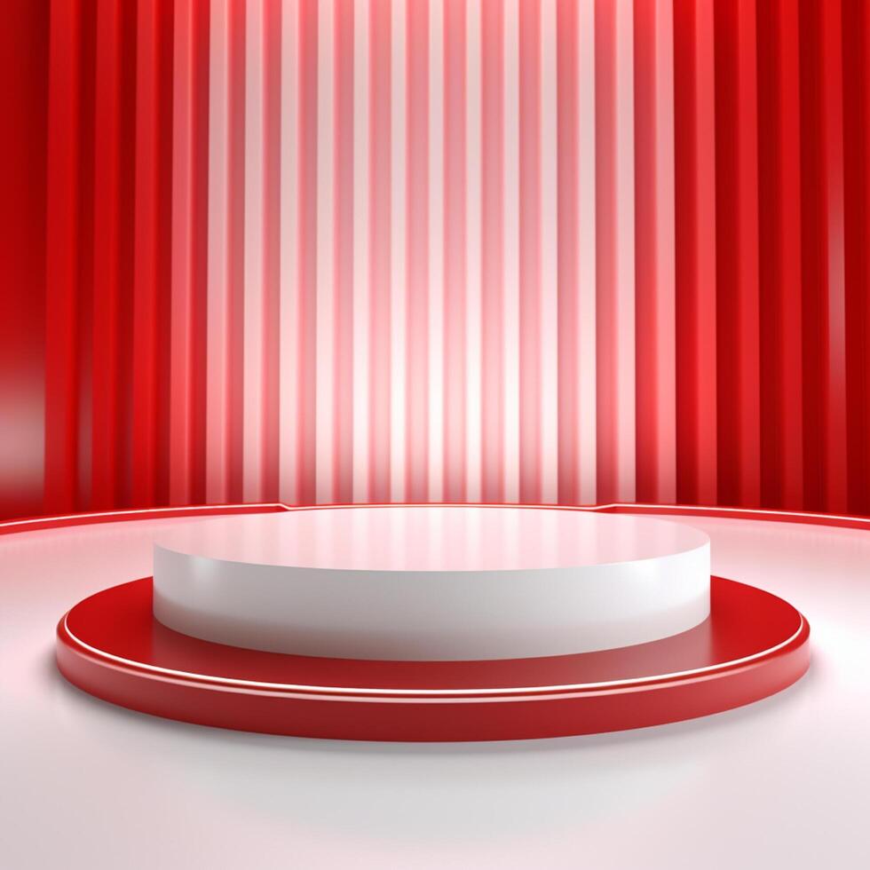 Dynamic 3D Rendering of a White Podium with Red Accent Lights on a Vibrant Red Background photo