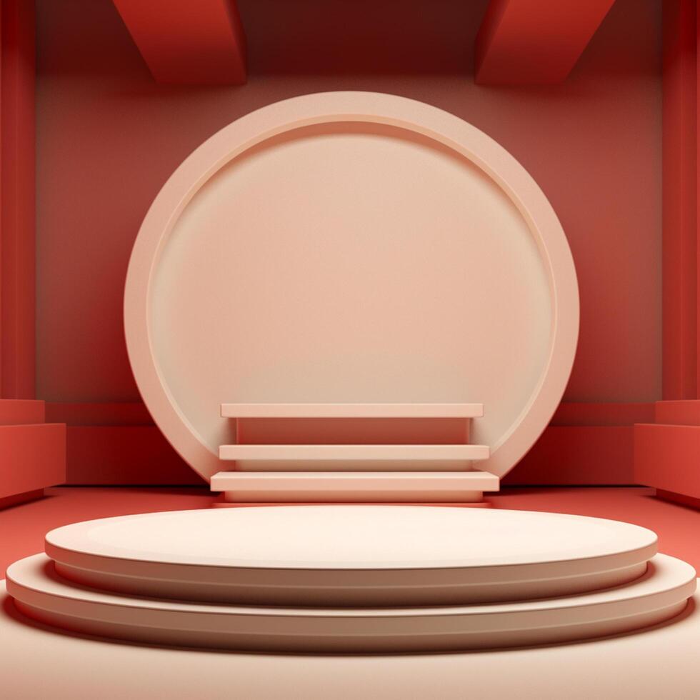 Dynamic 3D Rendering of a White Podium with Red Accent Lights on a Vibrant Red Background photo
