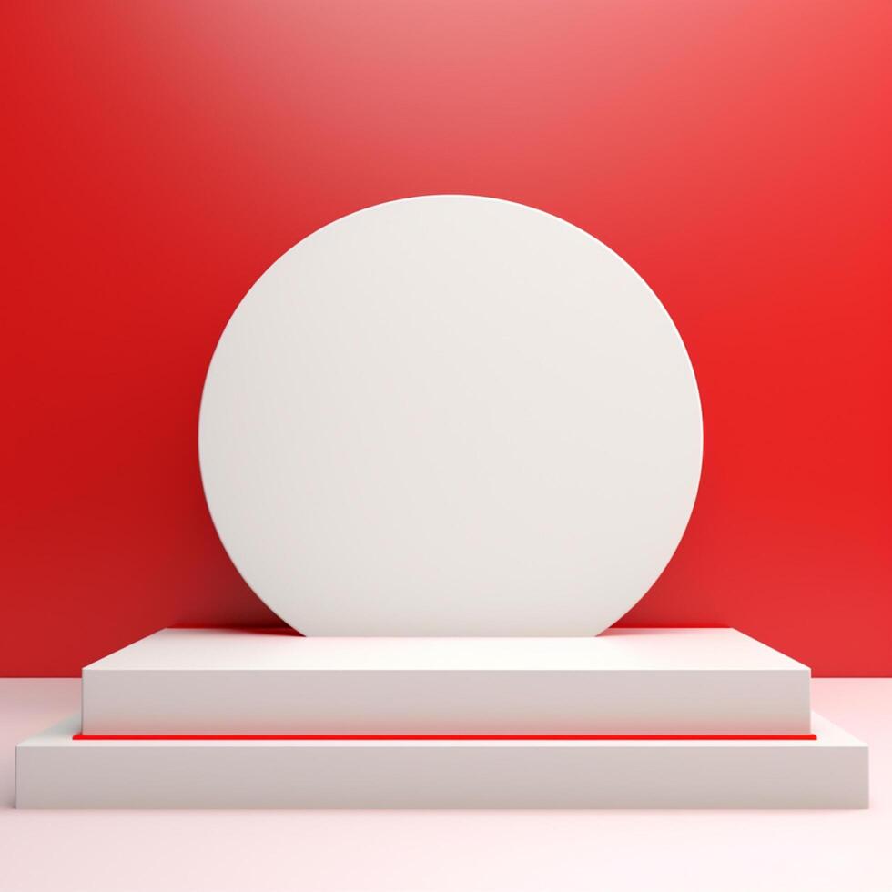 Dynamic 3D Rendering of a White Podium with Red Accent Lights on a Vibrant Red Background photo