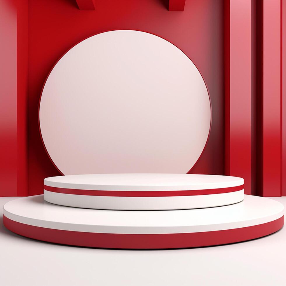 Dynamic 3D Rendering of a White Podium with Red Accent Lights on a Vibrant Red Background photo