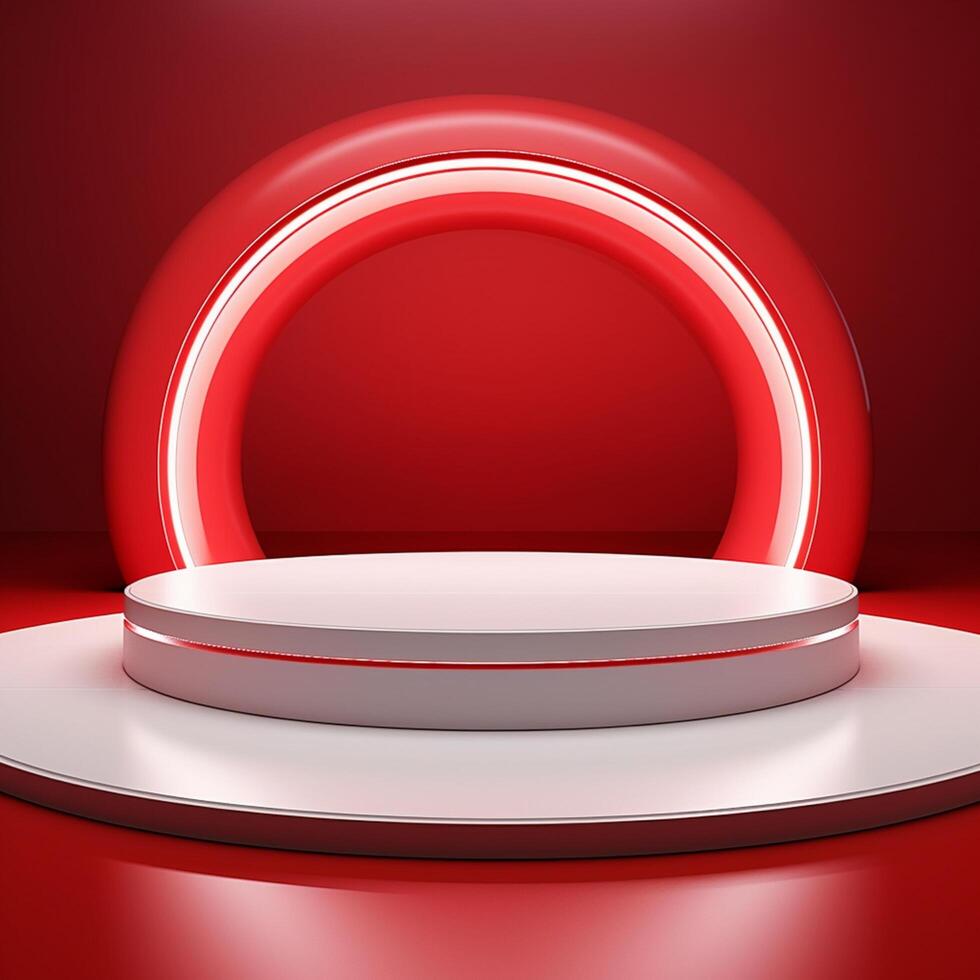 Dynamic 3D Rendering of a White Podium with Red Accent Lights on a Vibrant Red Background photo