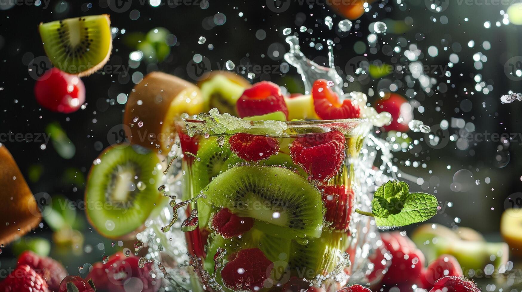 A glass of cocktail made of raspberries mixed with kiwi juice , surrounded by a fruit explosion photo