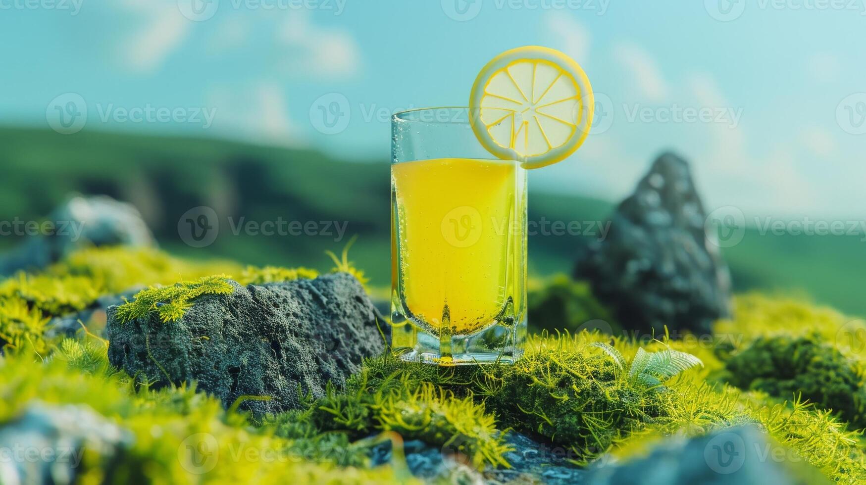 Refreshing glass of orange juice with a slice of lemon on the rim photo