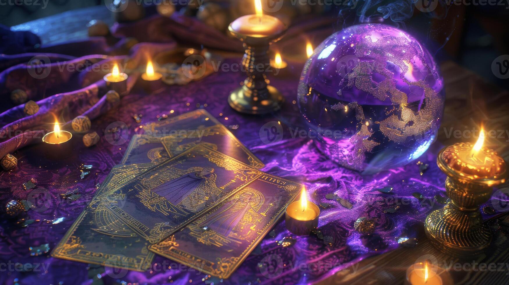 The Tarot cards with crystal, candles and magic objects photo