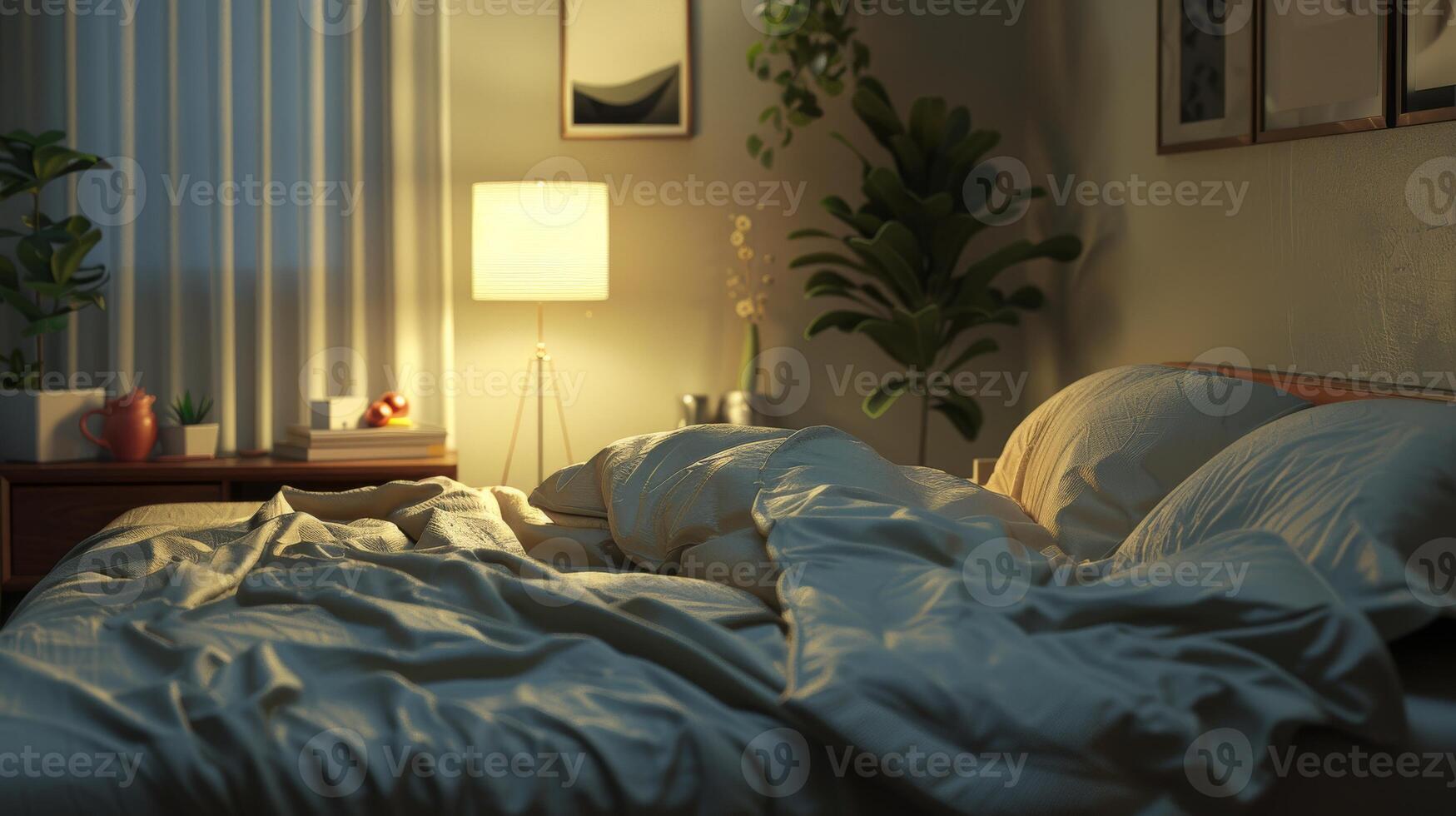3d rendering of a bedroom interior with a bed and a lamp photo