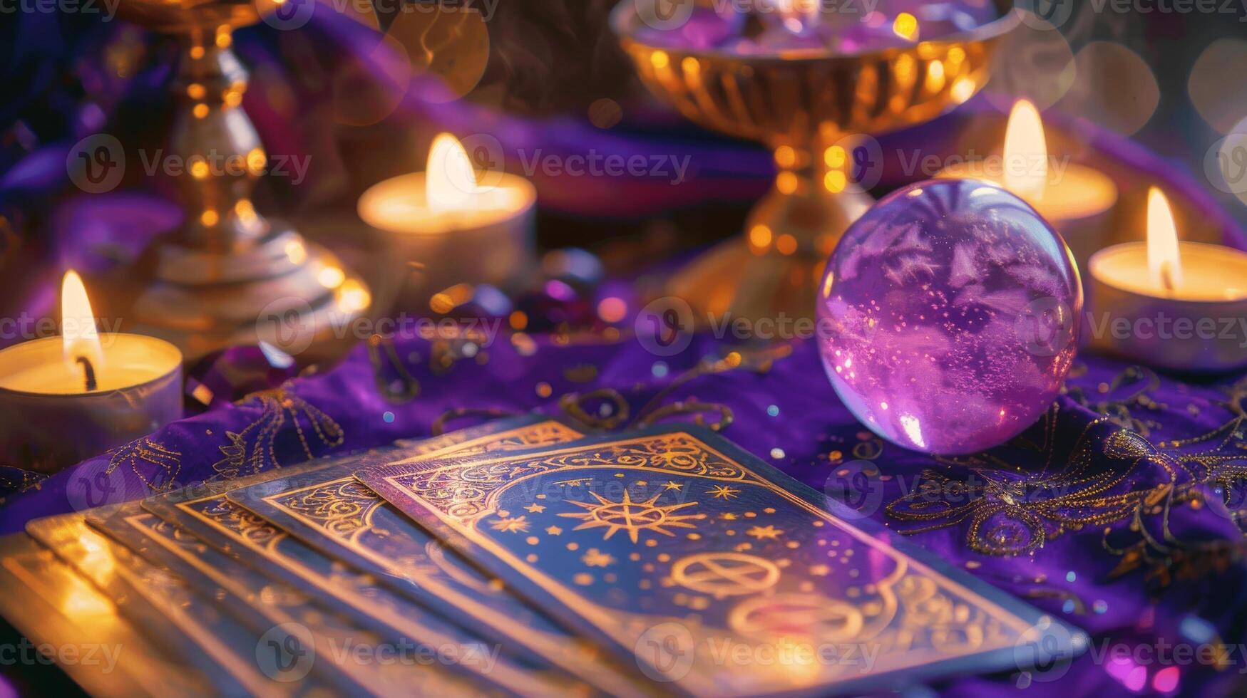 The Tarot cards with crystal, candles and magic objects photo