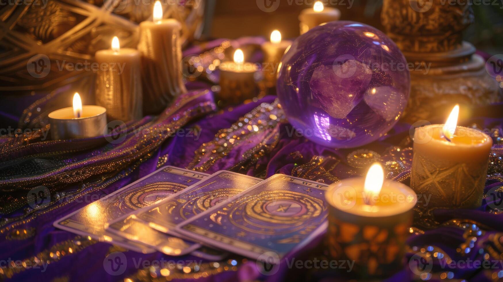 The Tarot cards with crystal, candles and magic objects photo