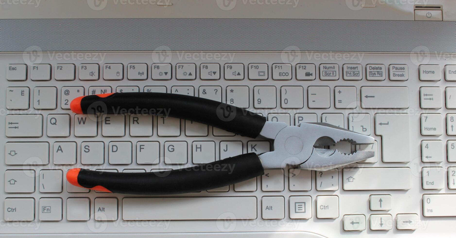 White Buttons Of Notebook Keyboard With Mechanic Pliers On It. Stock Photo For Computer Service Illustration