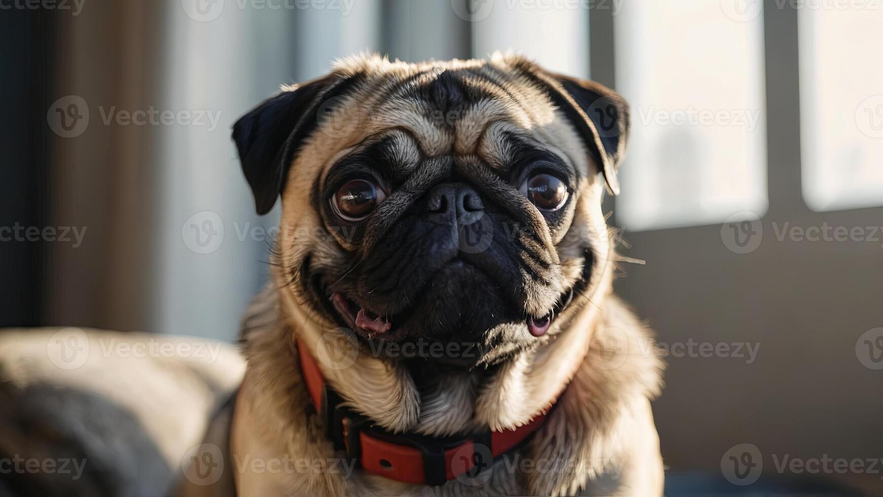 portrait of a cute pug dog sitting on the sofa at home. close-up portrait of a happy pet photo