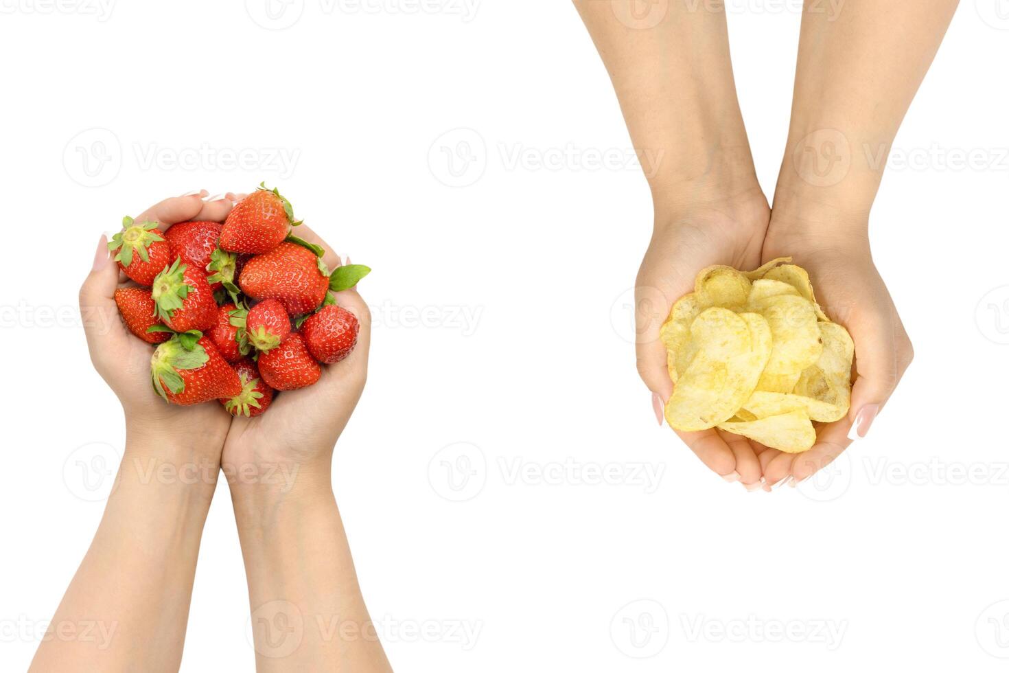 Healthy vs Unhealthy Snack Choices. Isolated hands on white background photo