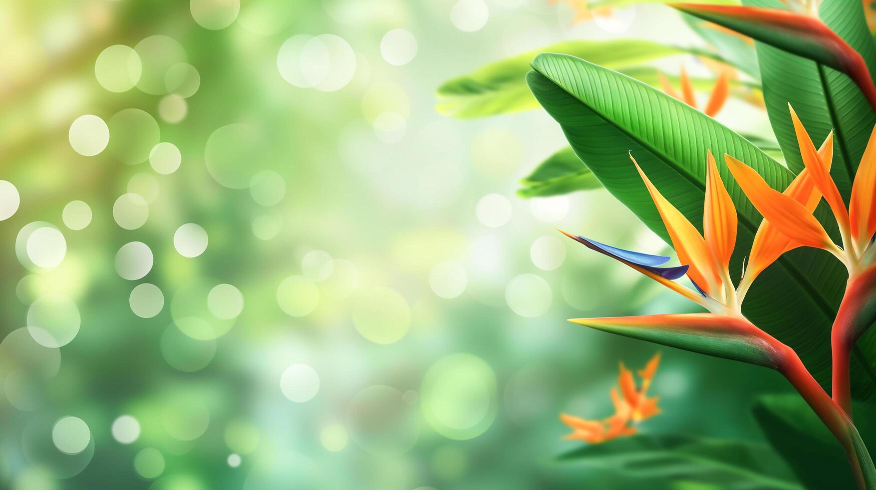 Green Tropical Background with Strelitzia Flowers photo
