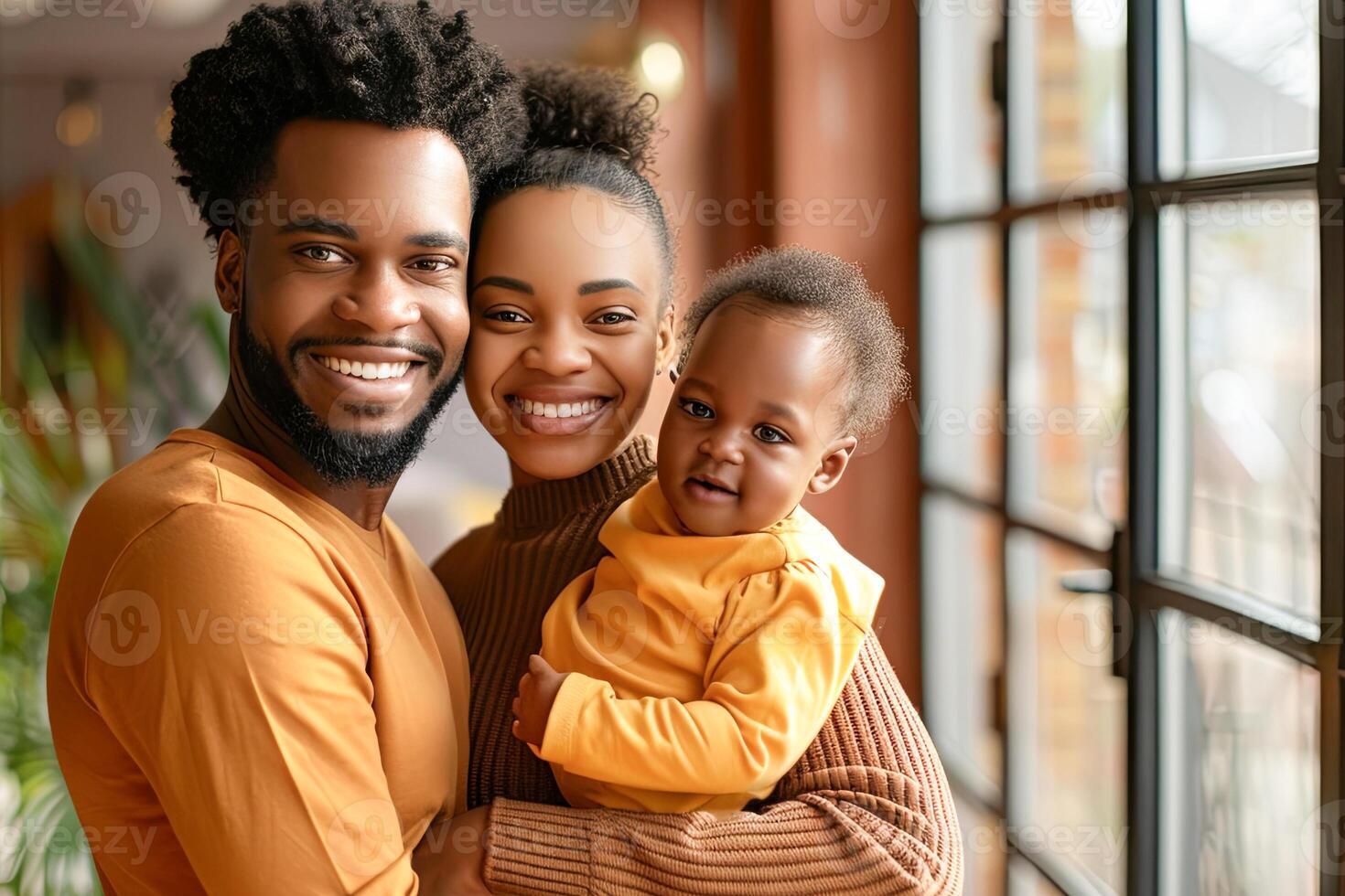 close-up portrait of a happy family with a small child in orange sweaters at home in a large bright room photo