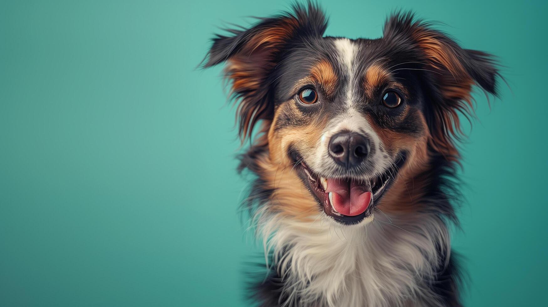 Medium-sized mixed breed dog with a primarily brown, white, and black coat, wearing a bright smile photo