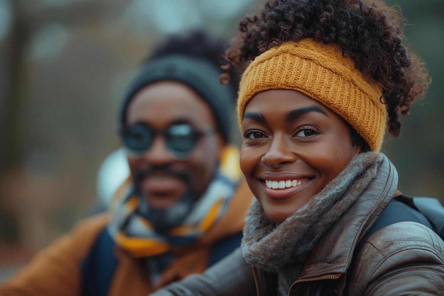 A man and a woman with black skin are smiling confidently photo