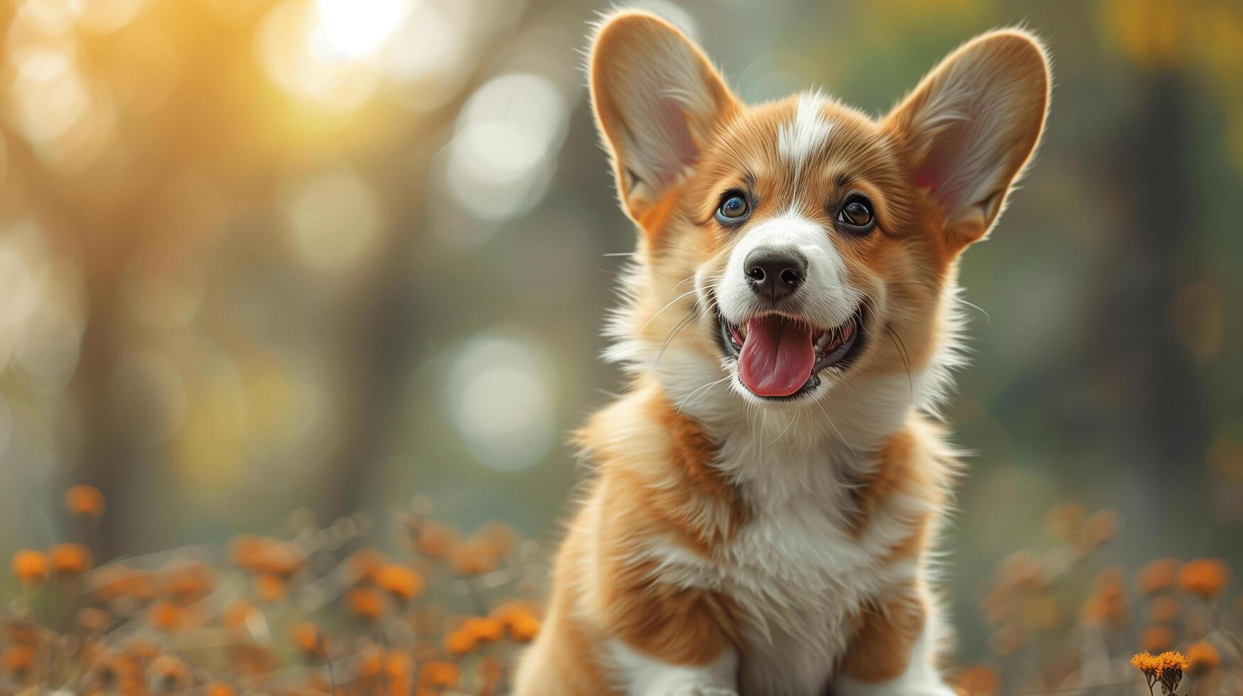 Welsh Corgi puppy, playfully winking while breathing gently and sitting contentedly in peaceful photo