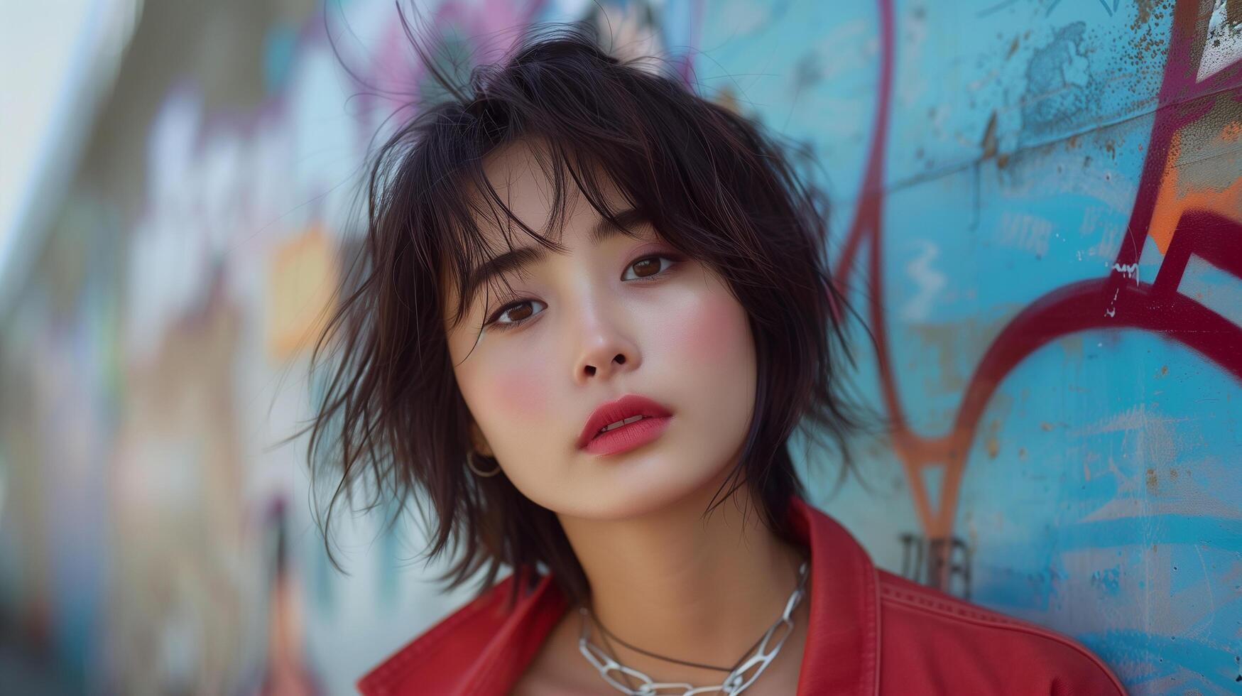 Asian girl with a natural glow that enhances her youthful appearance. Almond-shaped eyes draw you in, reflecting a blend of curiosity and quiet confidence photo