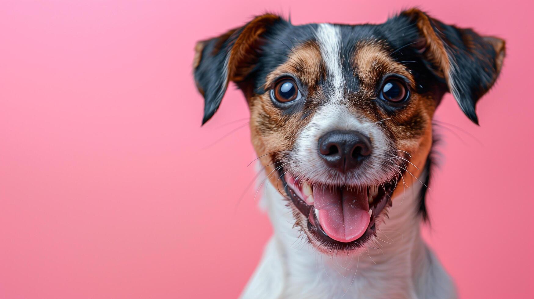 Medium-sized mixed breed dog, featuring mostly brown, white, and black fur, happily displaying a smile photo