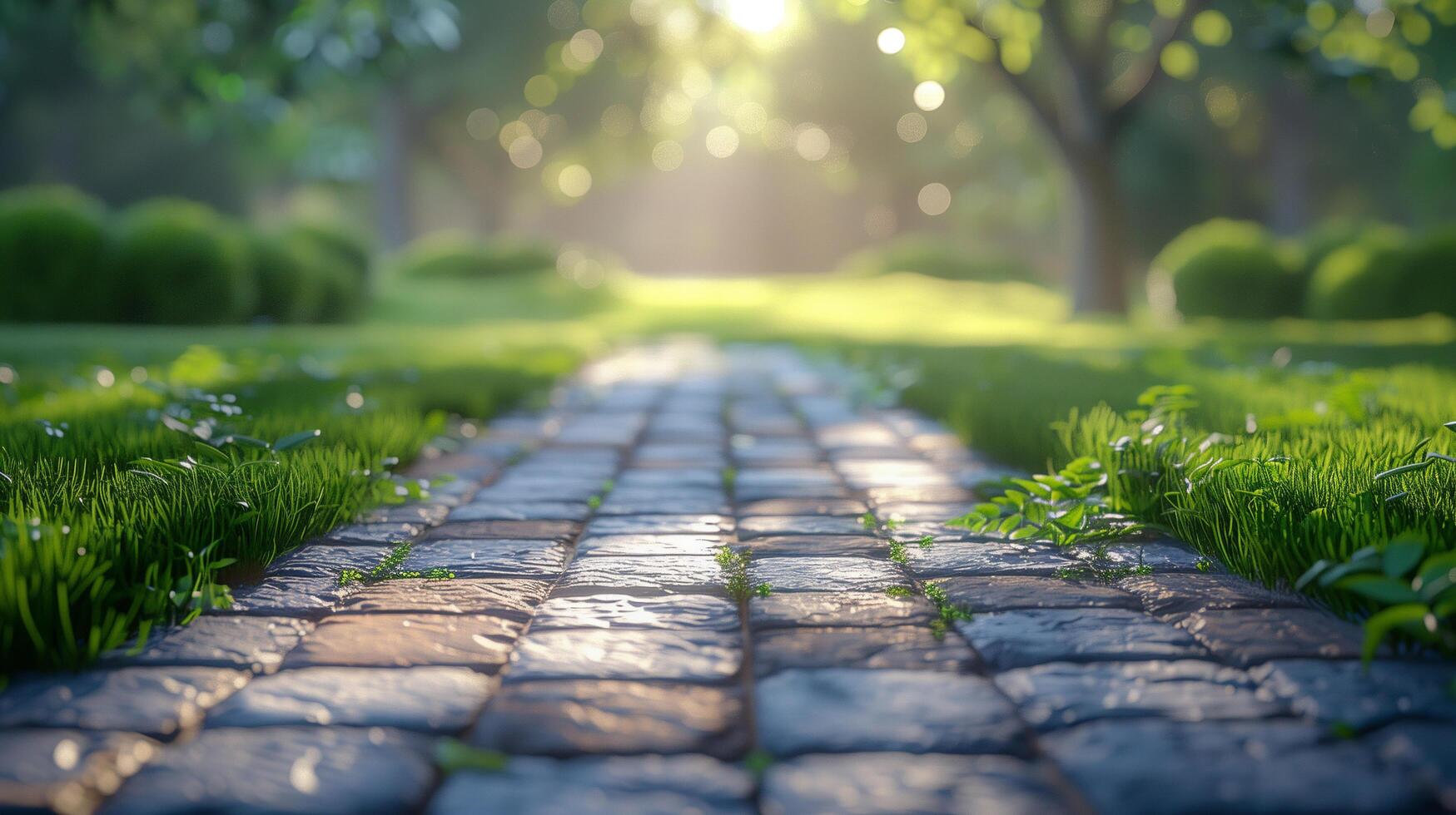 Step into a meticulously crafted scene where a precisely arranged floor stands as the central focus amidst a background of softly blurred grass photo