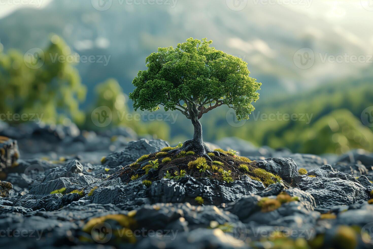 The small tree is growing on the rocky mountain with gentle sunlight shining down photo