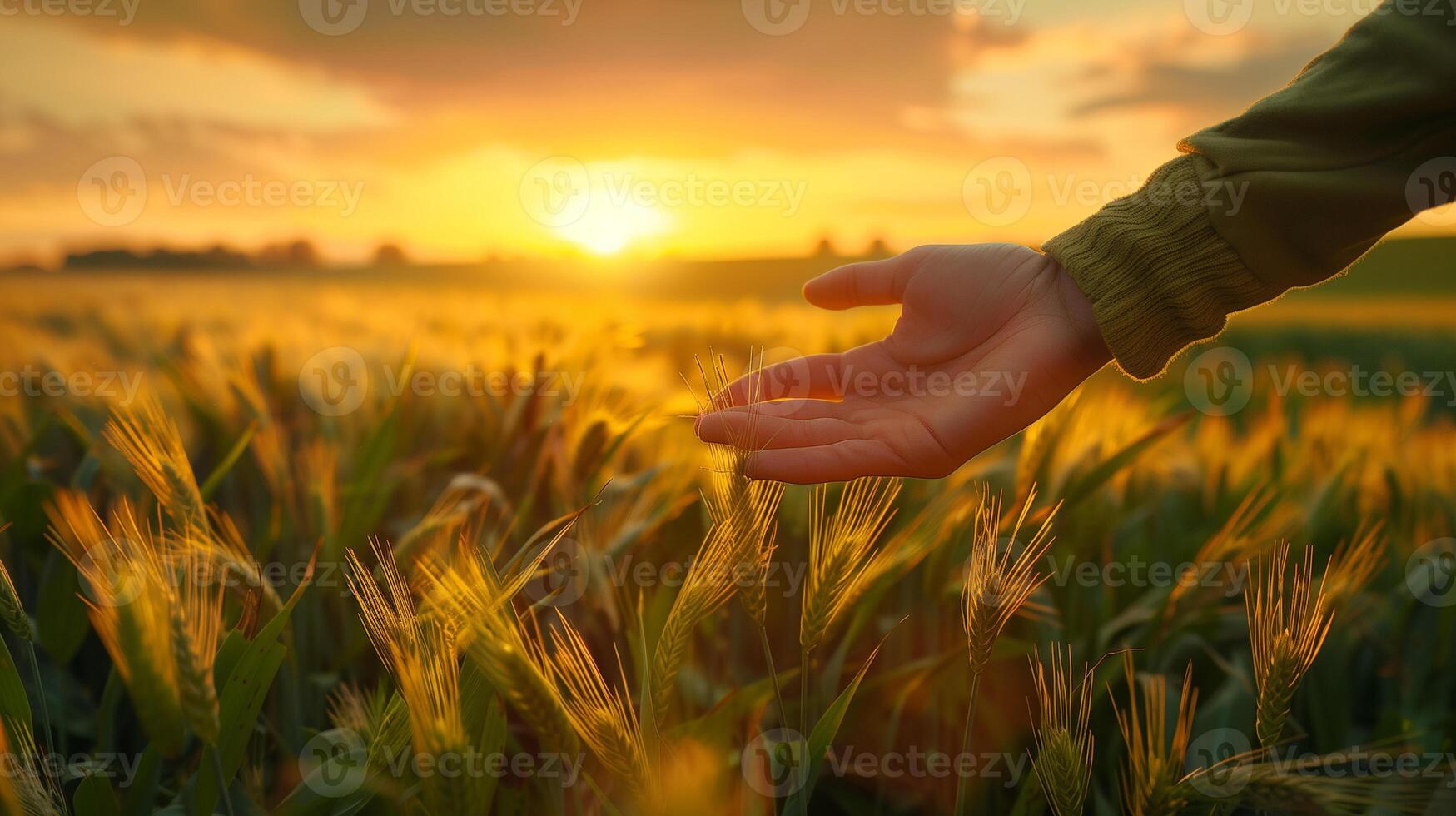 Man's hand traverses the lush, vibrant field of green grass, each blade swaying gently in the breeze beneath his touch photo