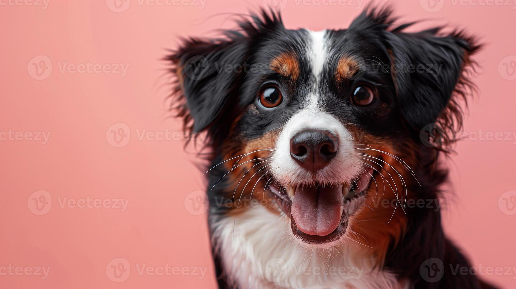 Medium-sized mixed breed dog, featuring a blend of brown, white, and black fur, captured with a cheerful smile against a soft pastel background photo