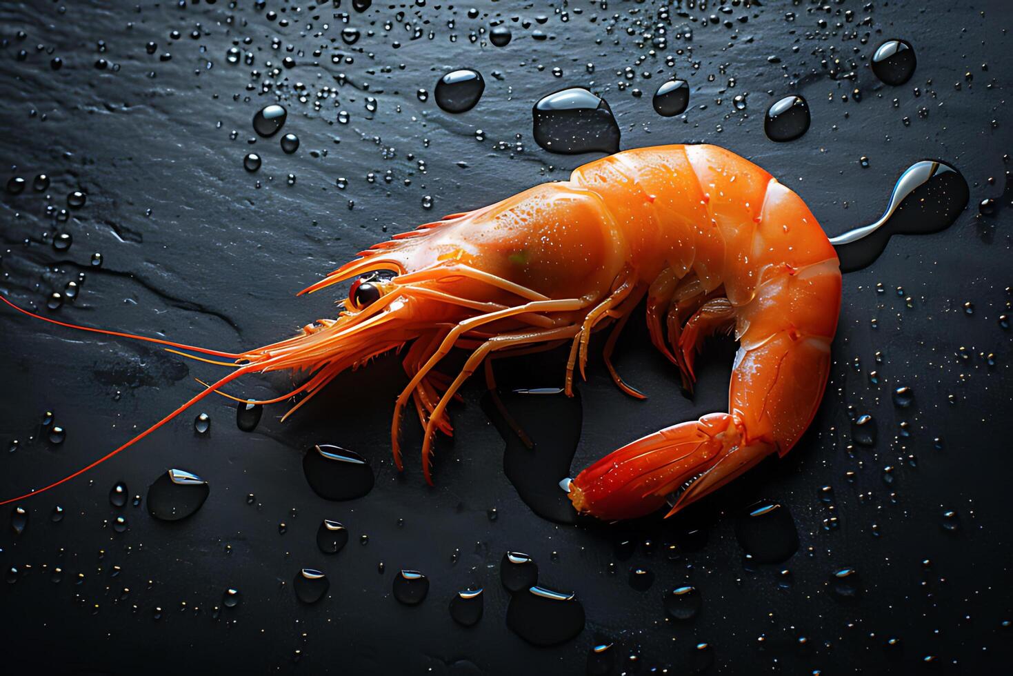 A close up shot of a freshly cooked shrimp on a black slate surface photo