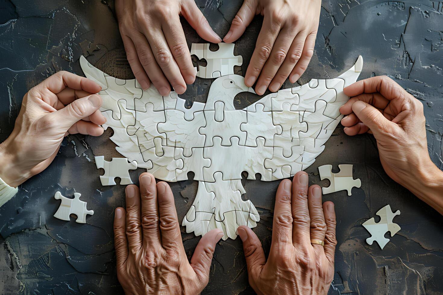 Powerful image capturing multiple hands working to complete a puzzle of a dove photo