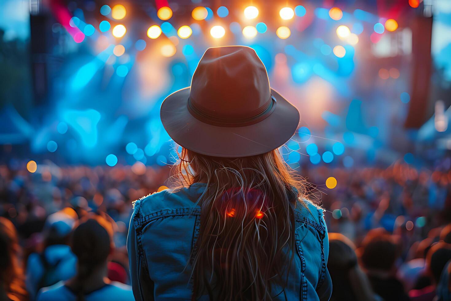 Image of a concert-goer wearing a stylish hat, facing a brightly lit stage amidst a vibrant crowd photo