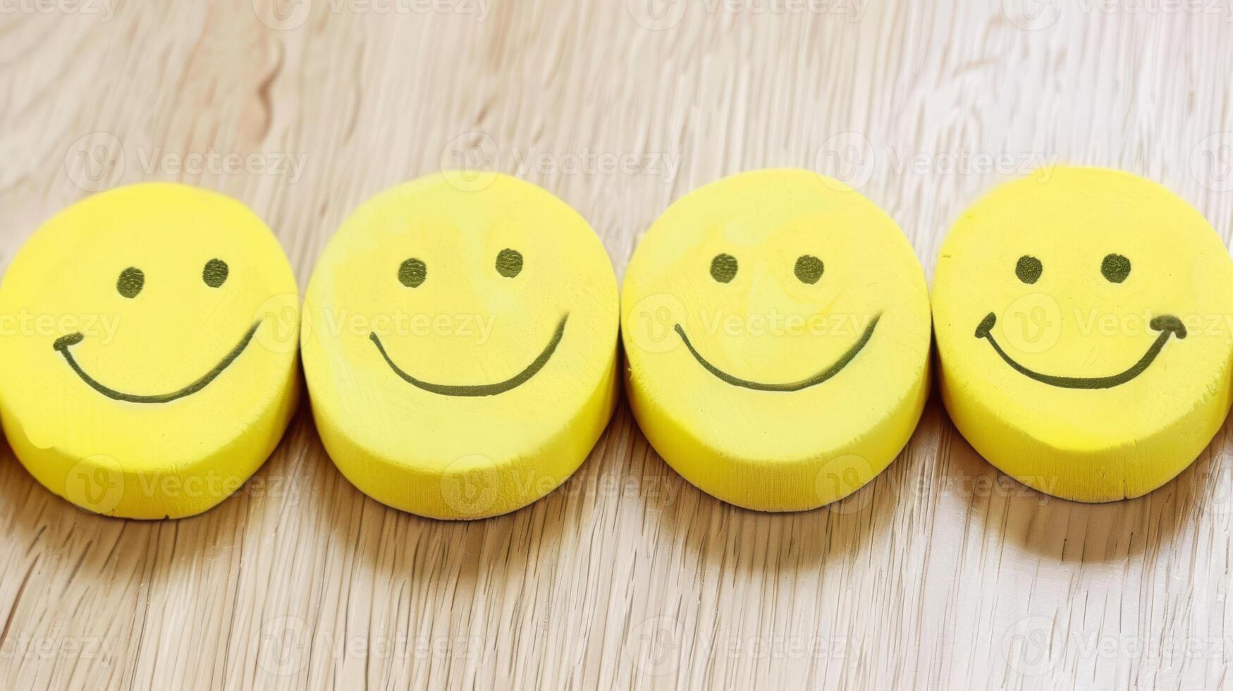 A row of yellow smiley faces on a wooden surface, AI photo