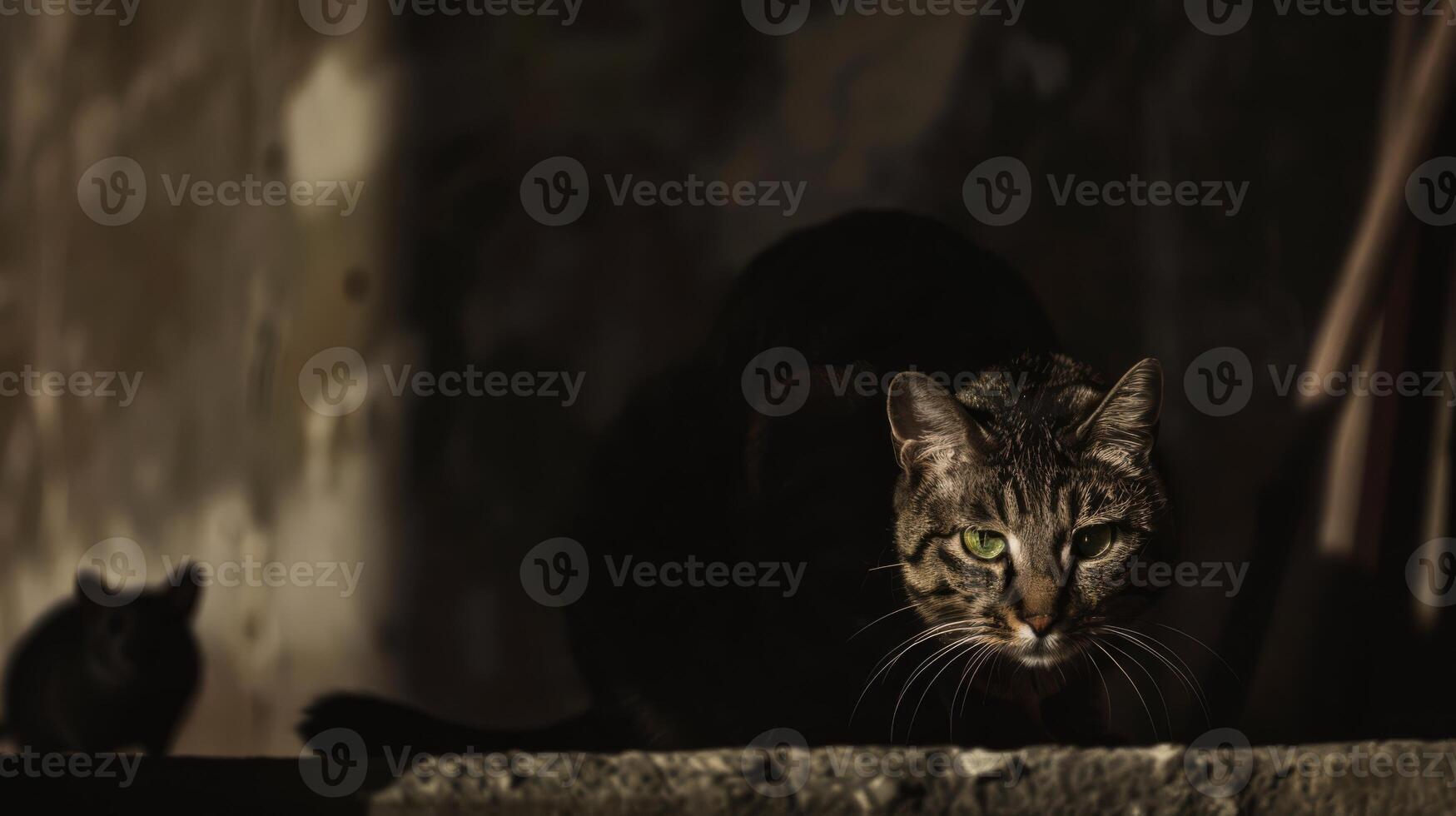 A cat with green eyes and a mouse in the background, AI photo