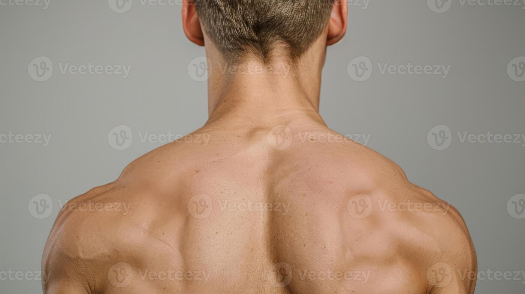 A man with no shirt on standing in front of a gray background, AI photo