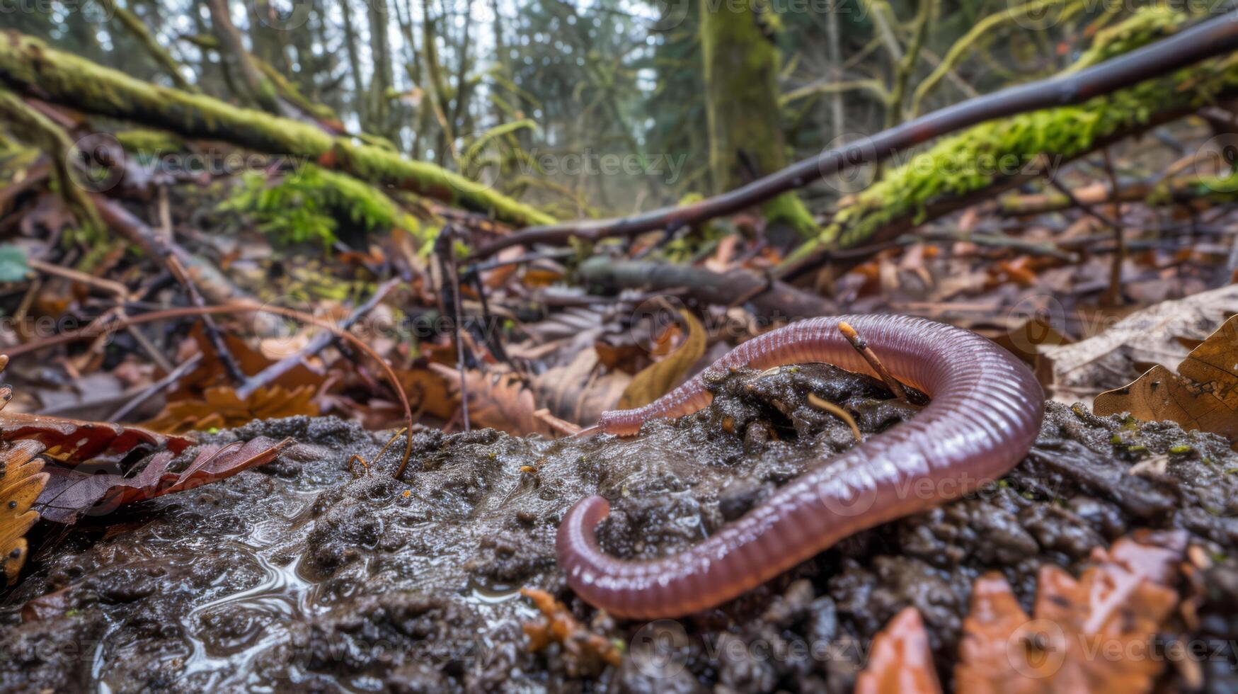 A worm crawling on the ground in a forested area, AI photo