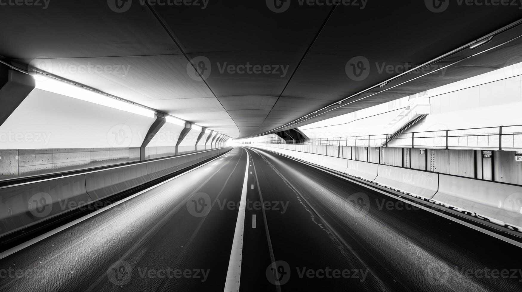 A black and white photo of a highway tunnel with cars driving, AI