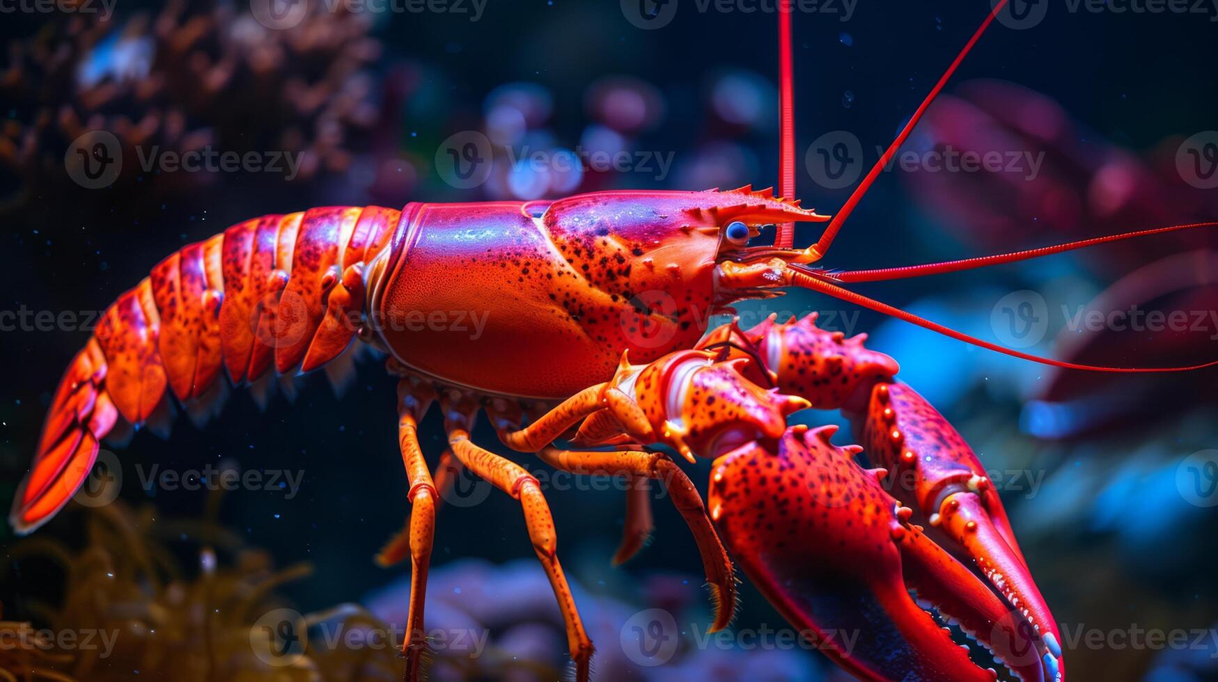 A lobster is swimming in a tank with some plants, AI photo