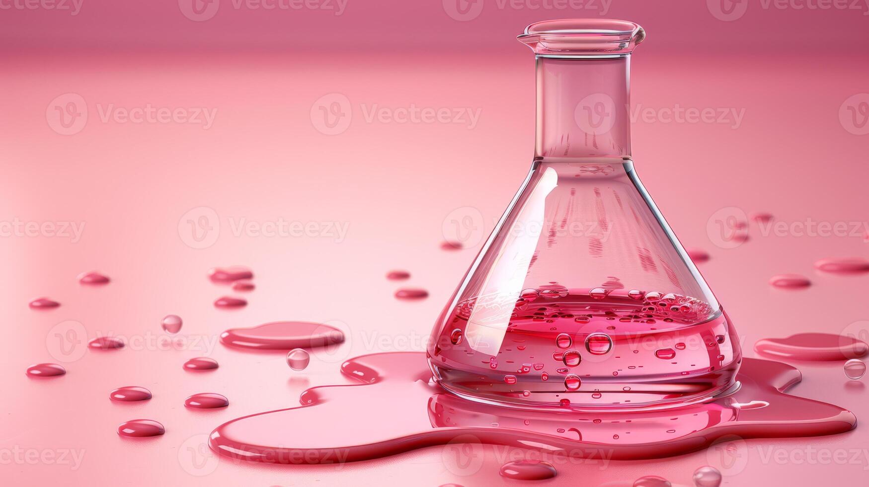 A glass beaker with liquid in it on a pink background, AI photo