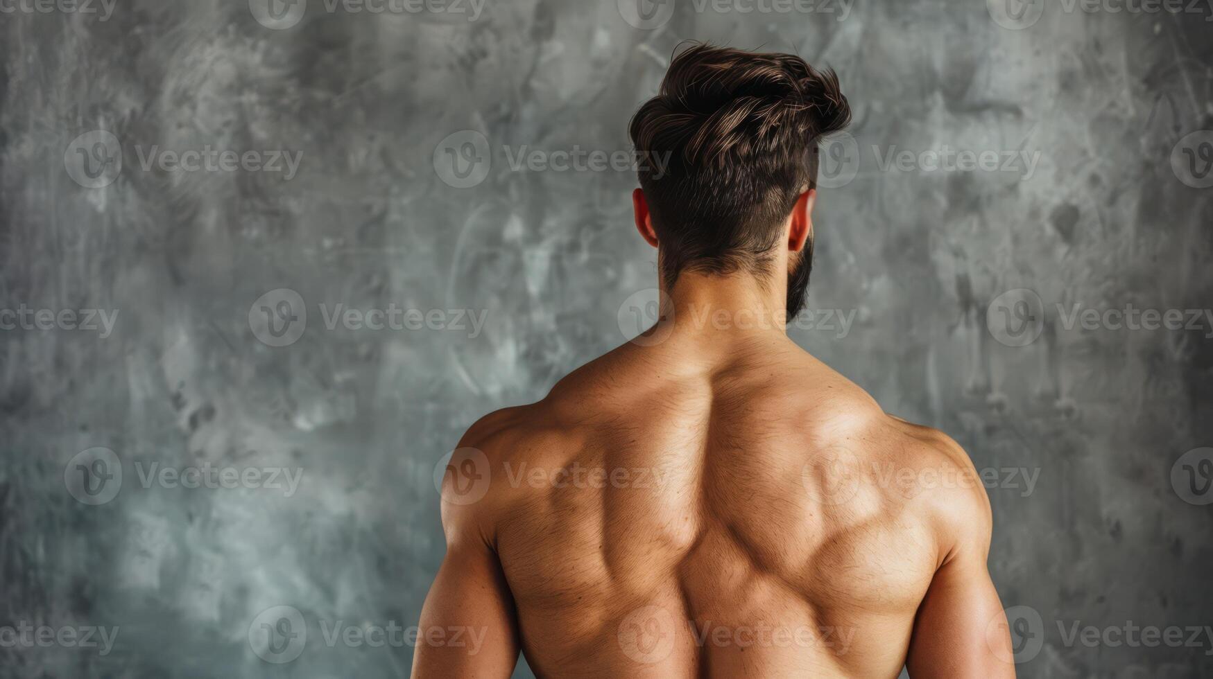 A man with no shirt on standing in front of a wall, AI photo
