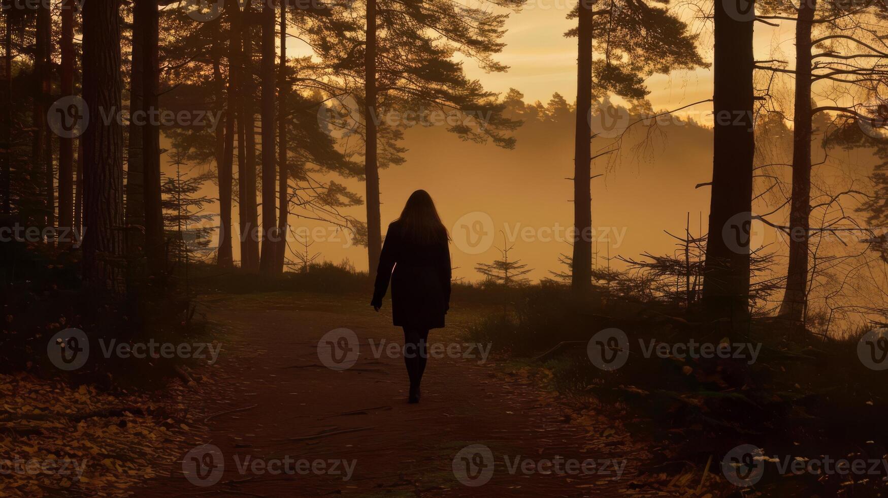 A woman walking down a path in the woods at dusk, AI photo