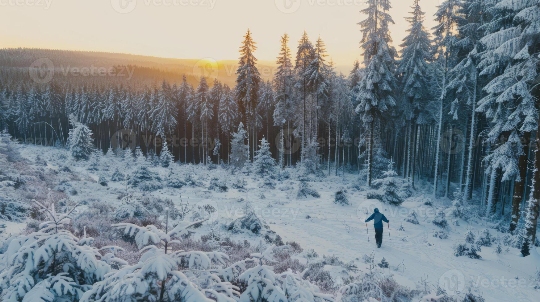 A person is skiing in the snow near a forest, AI photo