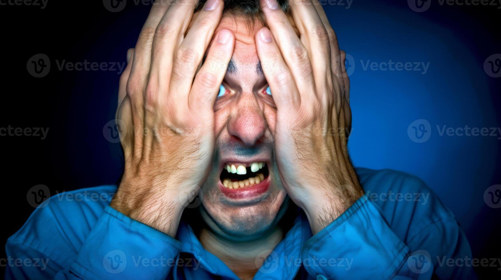 un hombre con manos cubierta su cara y un azul camisa, ai foto