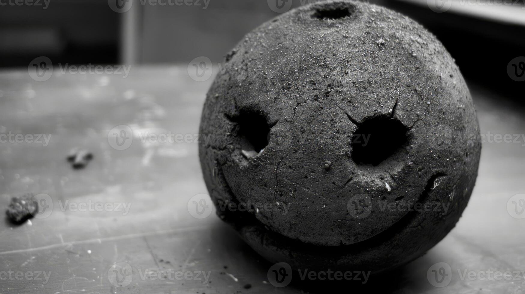 A black and white photo of a smiling face on top of table, AI