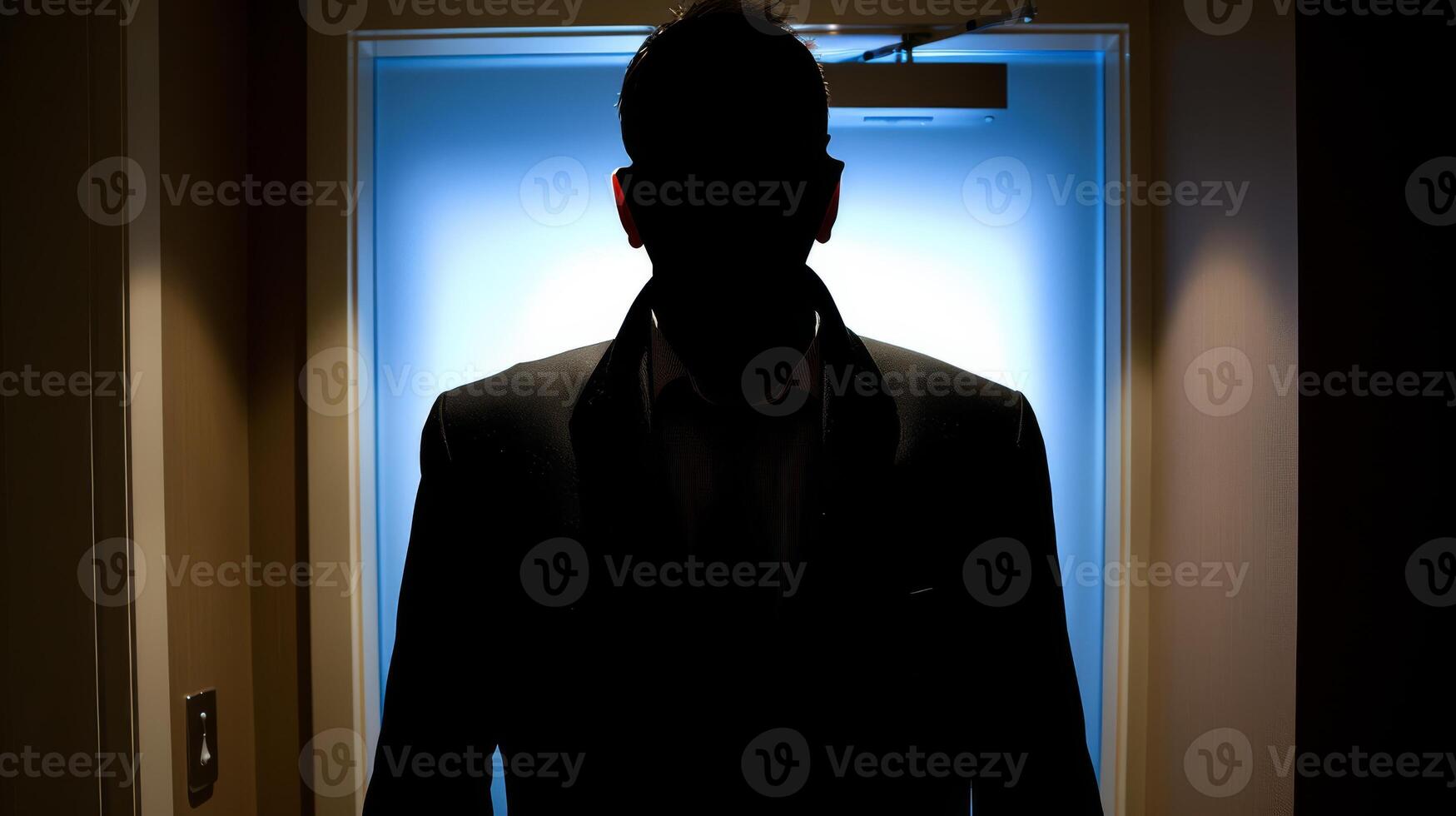 A man in a suit standing next to an open door, AI photo
